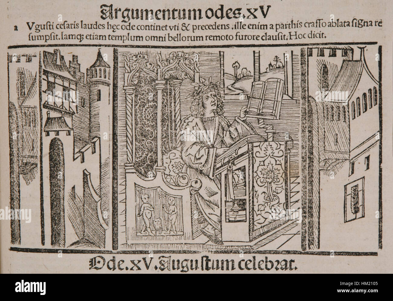 A depiction of Horace (Horaz) studying, potentially from a classical Roman period. The artwork showcases the Roman poet in a scholarly setting, emphasizing intellectual pursuits and classical education. Stock Photo