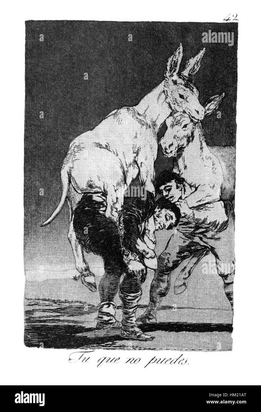 This etching, *Caprichos No. 42*, by Francisco Goya is part of his renowned *Caprichos* series. It critiques societal flaws, using satire and dark humor to portray the absurdities of Spanish society in the late 18th century. The work is known for its symbolic elements and critical commentary on social norms and human nature. Stock Photo