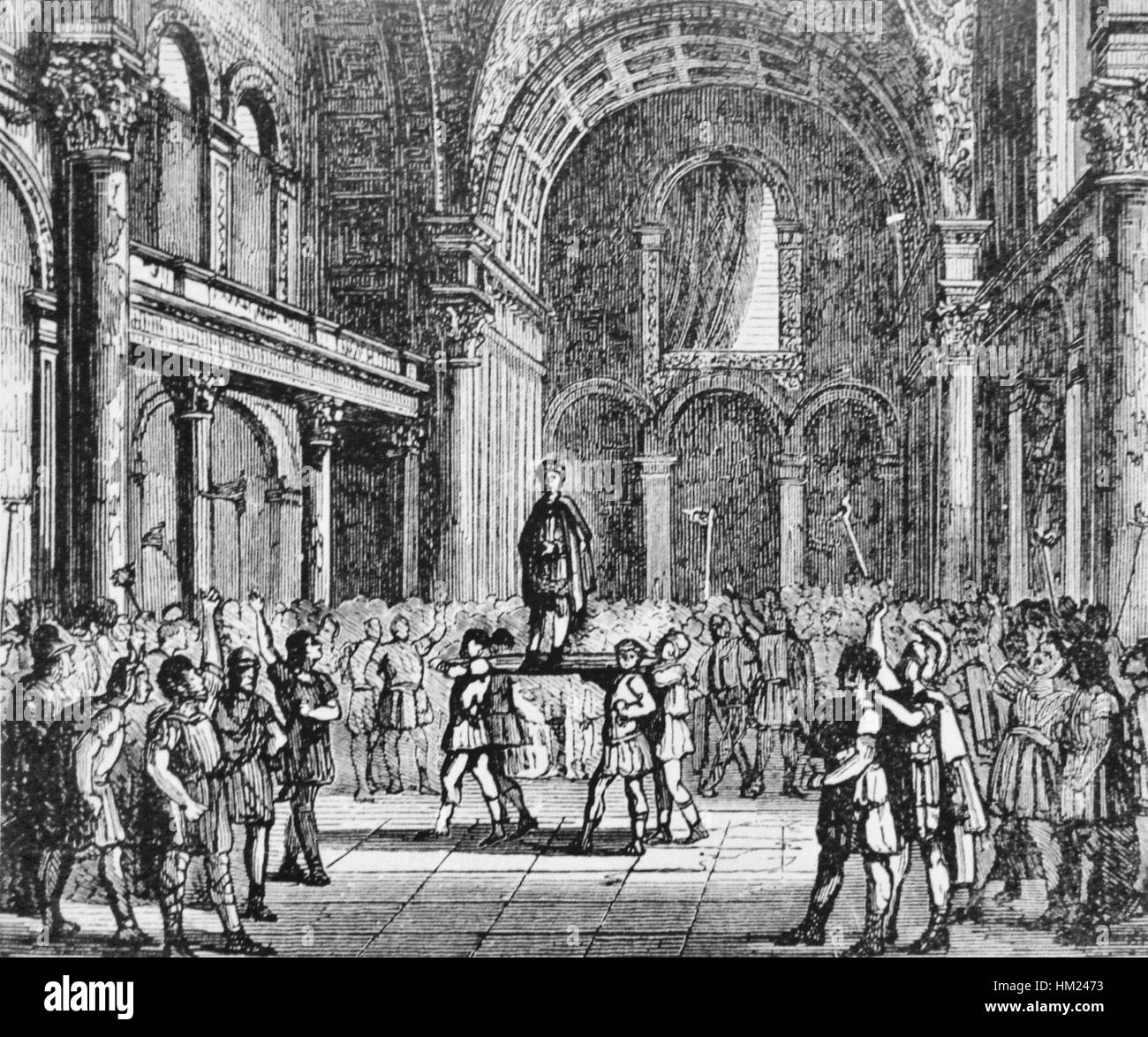 This artwork depicts the moment Julian was crowned Emperor in Cluny, February 360. Julian, known for his role in the Roman Empire, was one of the last rulers of the Constantinian dynasty, marking a significant point in Roman history. Stock Photo