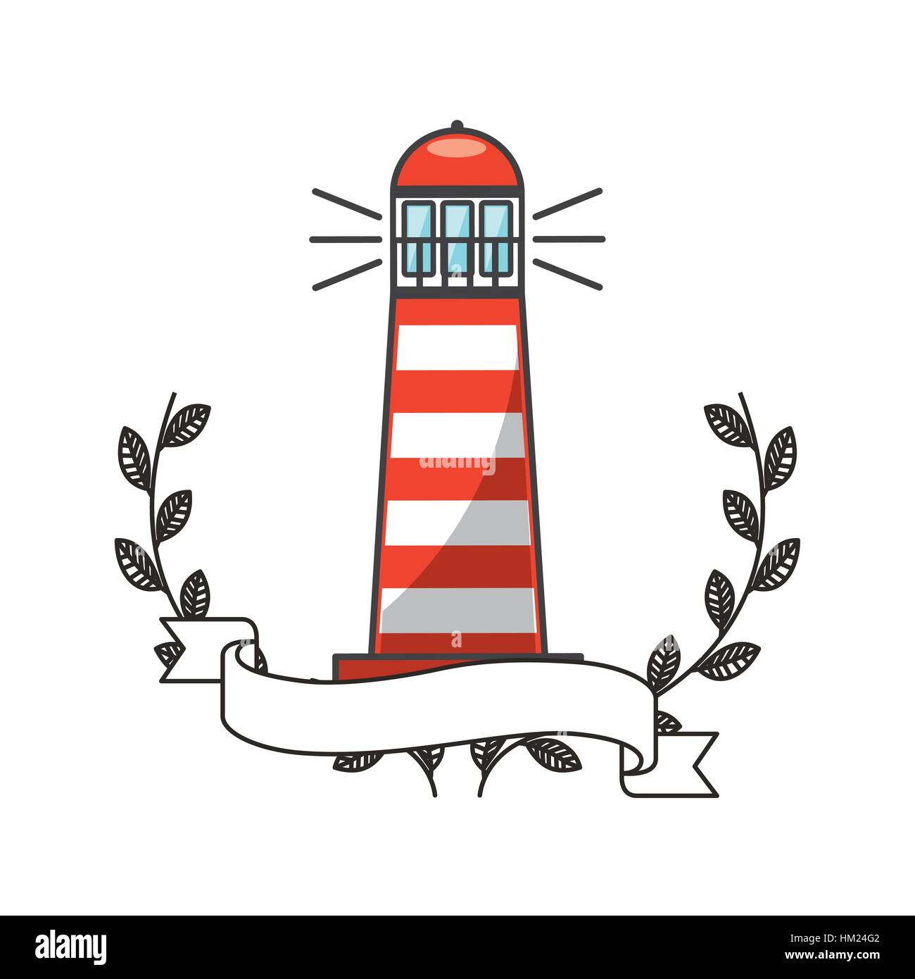lighthouse icon with decorative wreath of leaves and ribbon over white ...