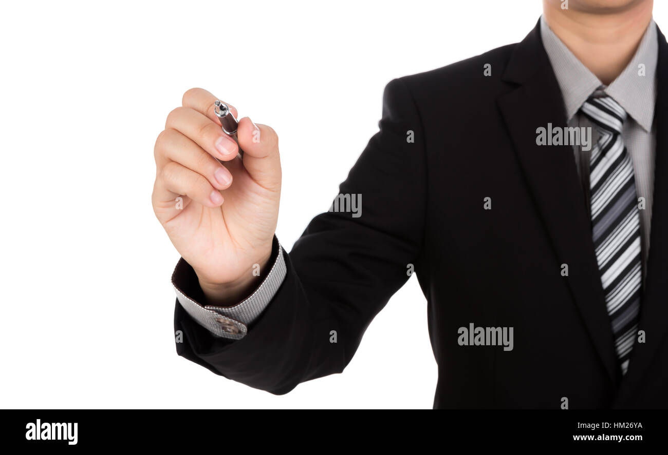 Businessman writing on copy space against white background Stock Photo ...
