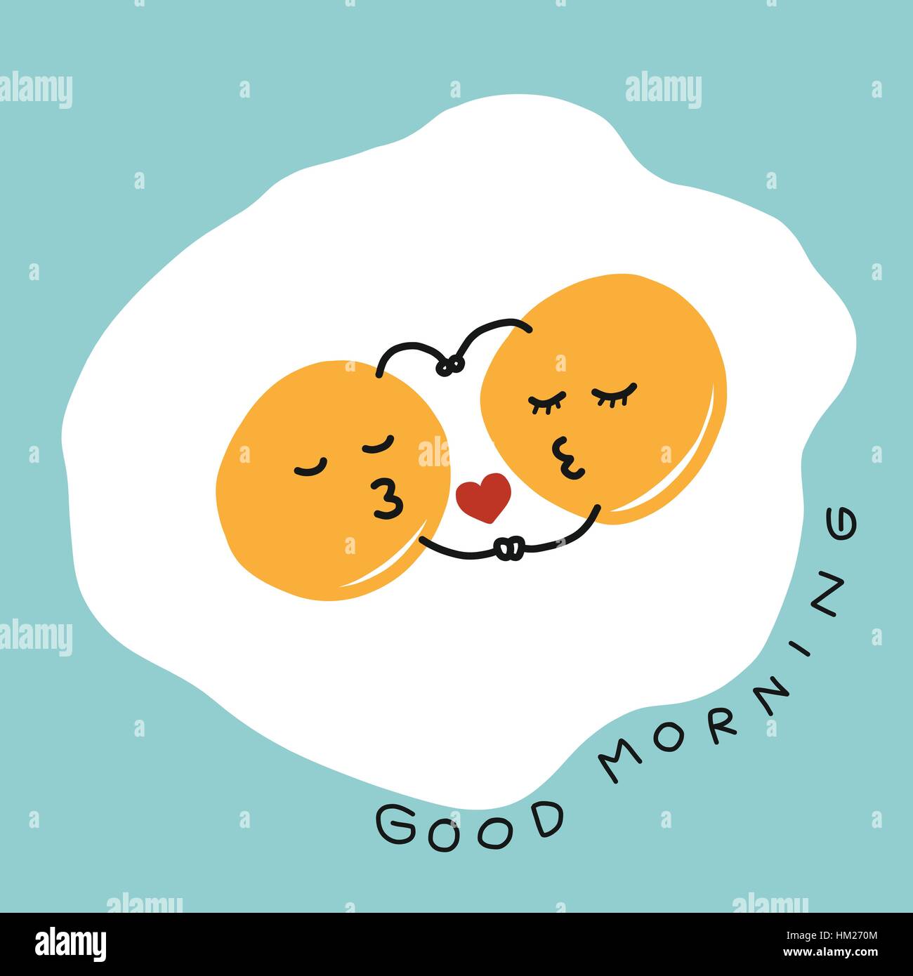 Fired eggs hug and kiss and good morning word cartoon vector illustration on blue background Stock Vector