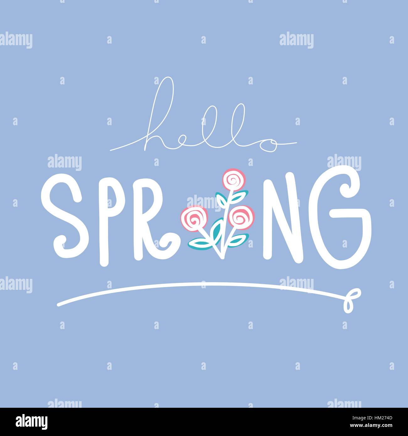 Hello spring word lettering illustration on blue background Stock Vector