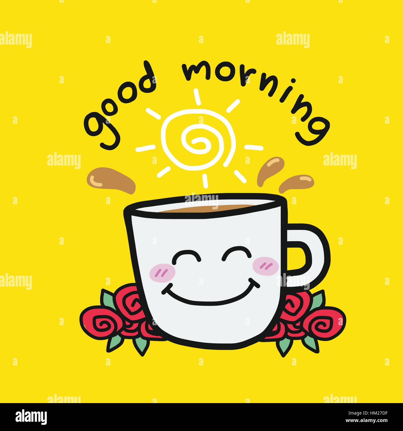 Good morning coffee cup and roses cartoon vector illustration on ...