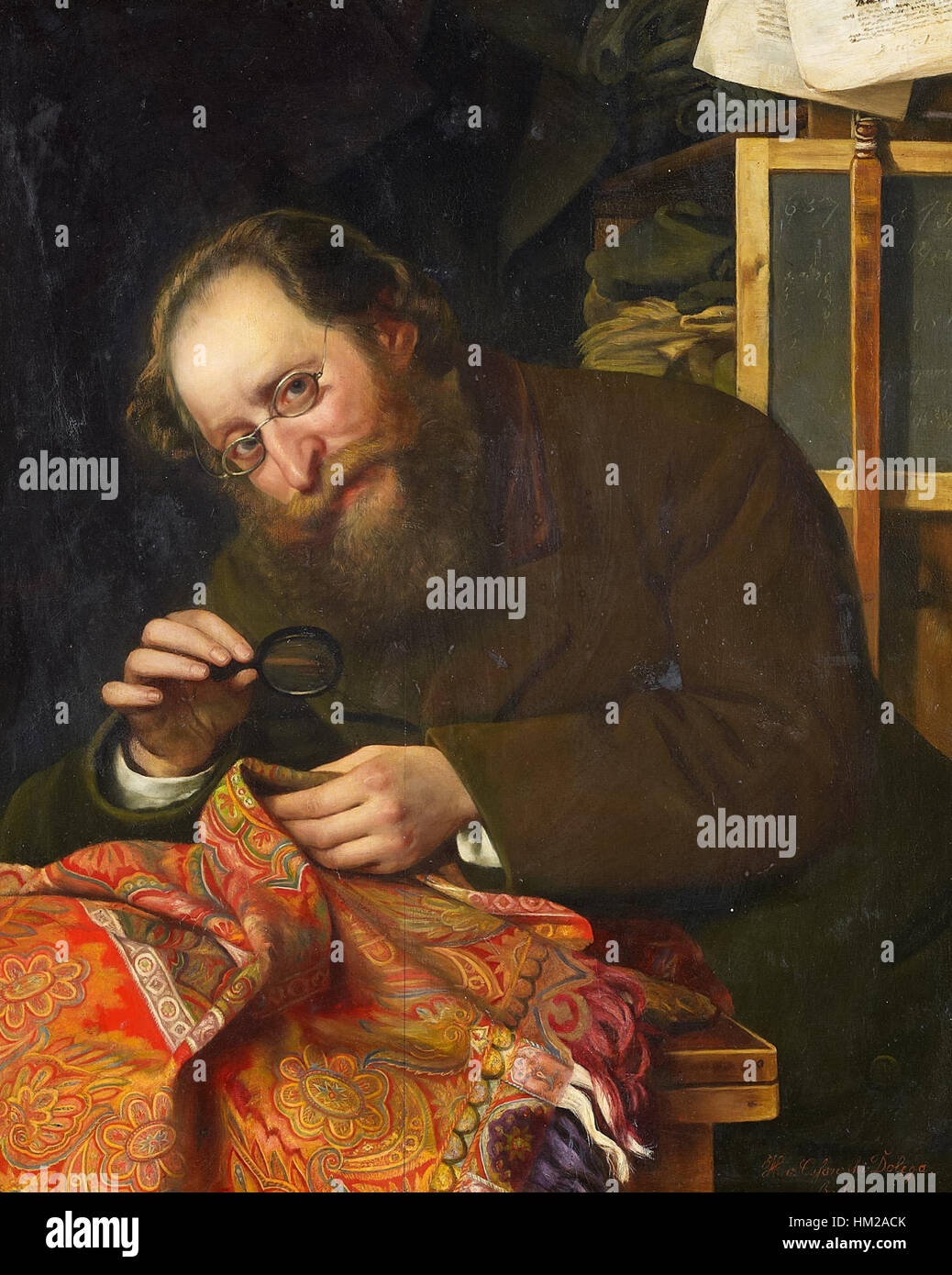 'Der Kunstliebhaber' by H von Ossowski-Dolega is a classic painting representing the appreciation of fine art. The piece showcases an individual immersed in the act of viewing art, capturing the deep connection between observer and masterpiece. Stock Photo