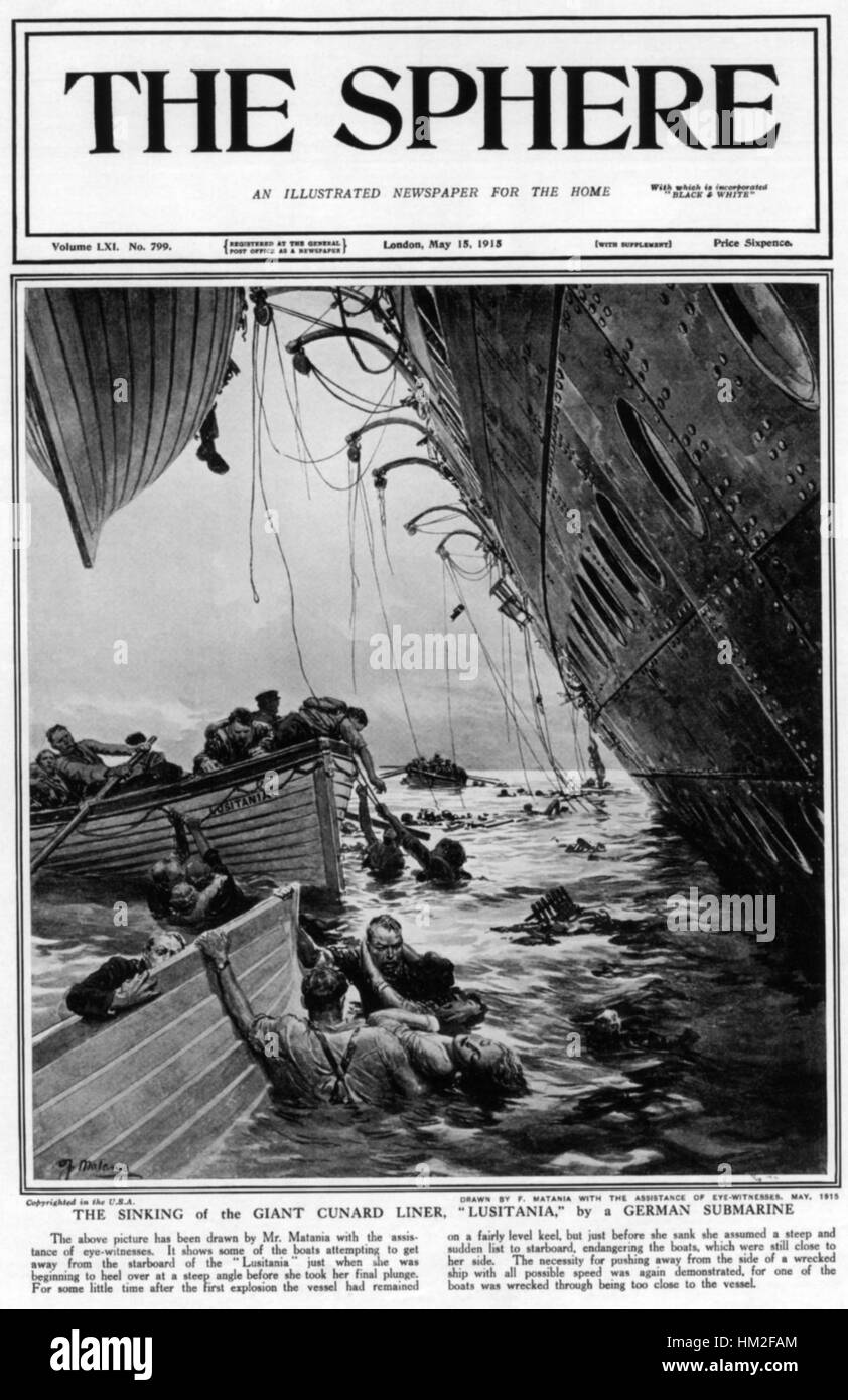 LUSITANIA  Front cover of the UK magazine The Sphere for 18 May 1915 showing her sinking by German U-boat U-20 on 7 May Stock Photo