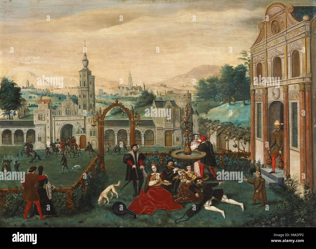 Hunting Renaissance Scene 'Jagdszenen und Liebesgarten' is a painting that combines scenes of ...