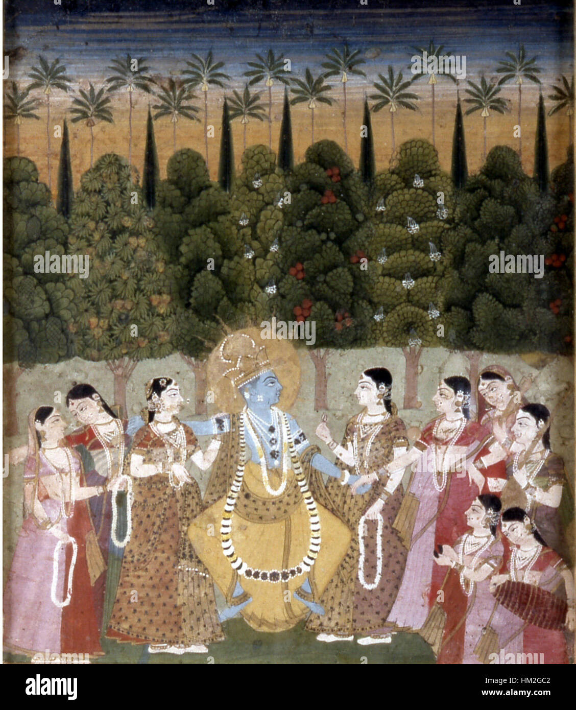 This Indian painting depicts the deity Krishna dancing with a Gopi, a ...