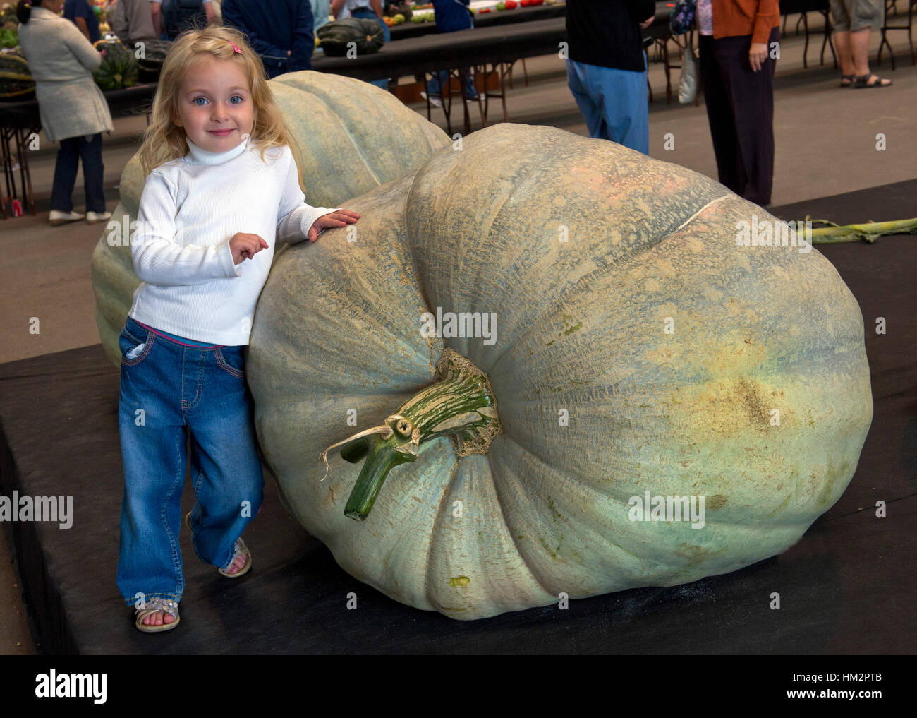 Giant marrows with young girls at the National Garden Show, Shepton Mallet, UK Stock Photo Alamy