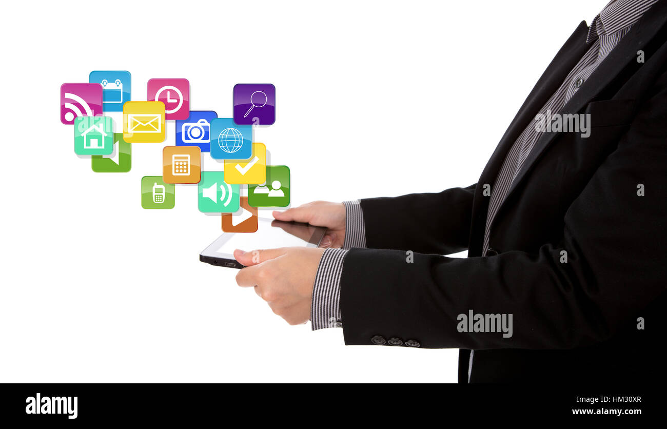 Business man using a touch screen device with colorful application ...