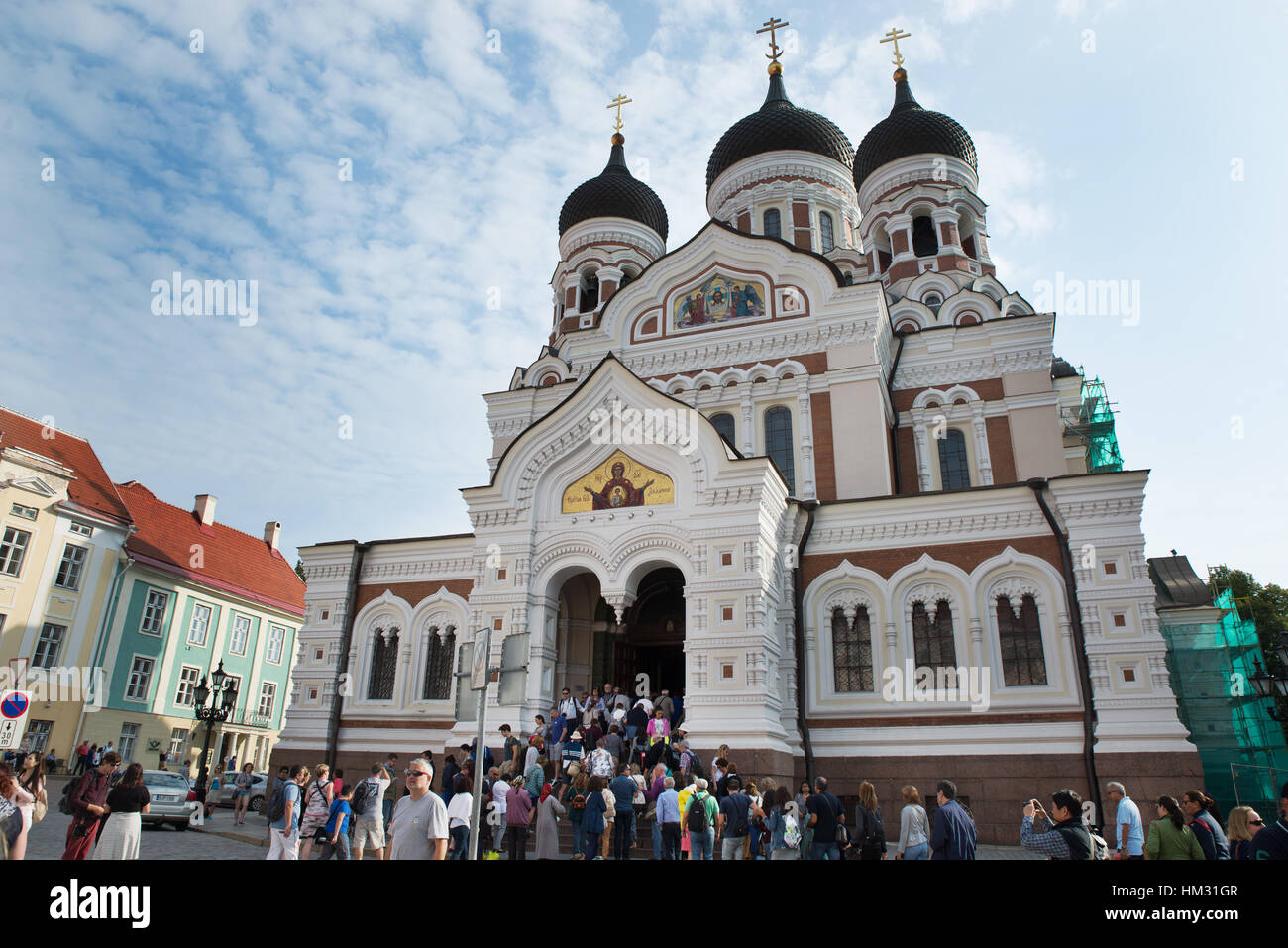 Tourists entering Alexander Nevsky Cathedral, Tallinn, Estonia Stock Photo