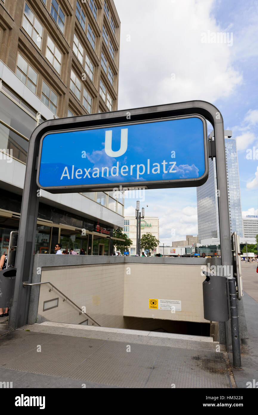 A blue sign at the entrance of Alexanderplatz metro train station in Berlin, Germany Stock Photo