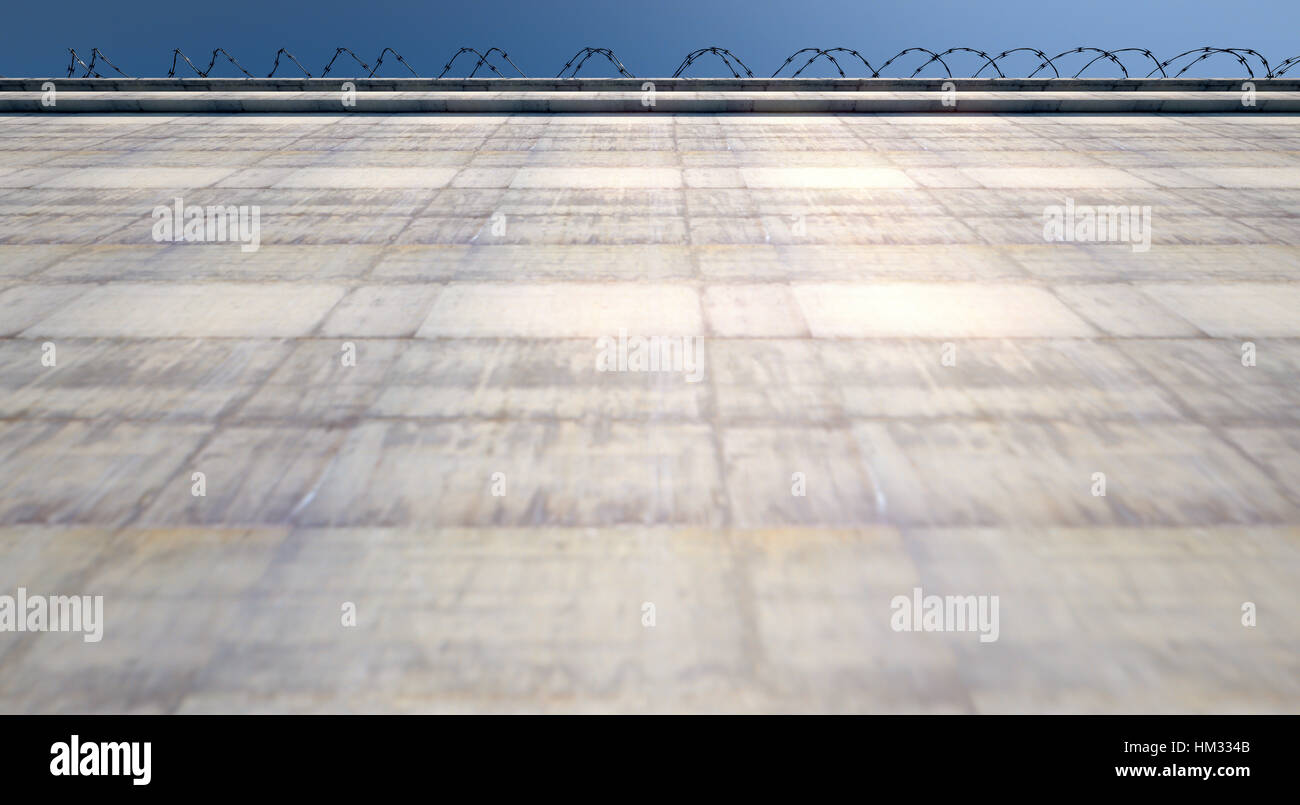 A 3D render of a massively high concrete security wall topped with ...