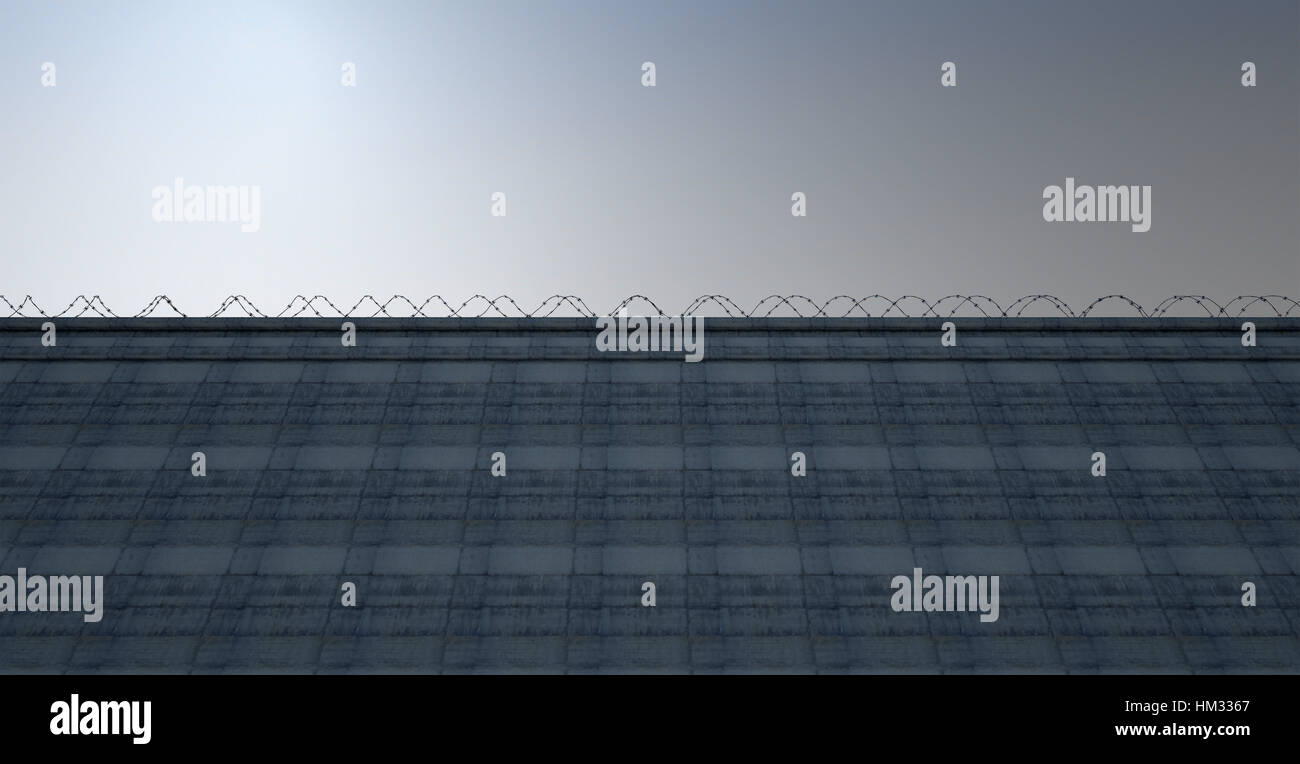 A 3D render of a massively high concrete security wall topped with ...