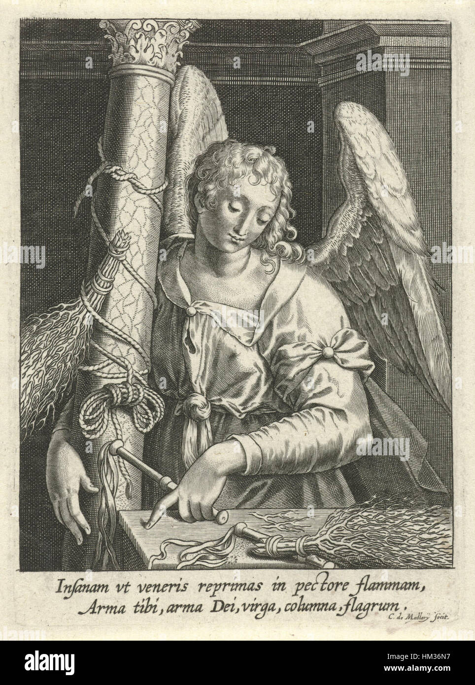 Karel van Mallery's painting 'Angel with Whipping Post and Whip' explores themes of punishment and authority. The historical oil painting combines religious and social commentary in its depiction of an angelic figure in a punishment scene. Stock Photo