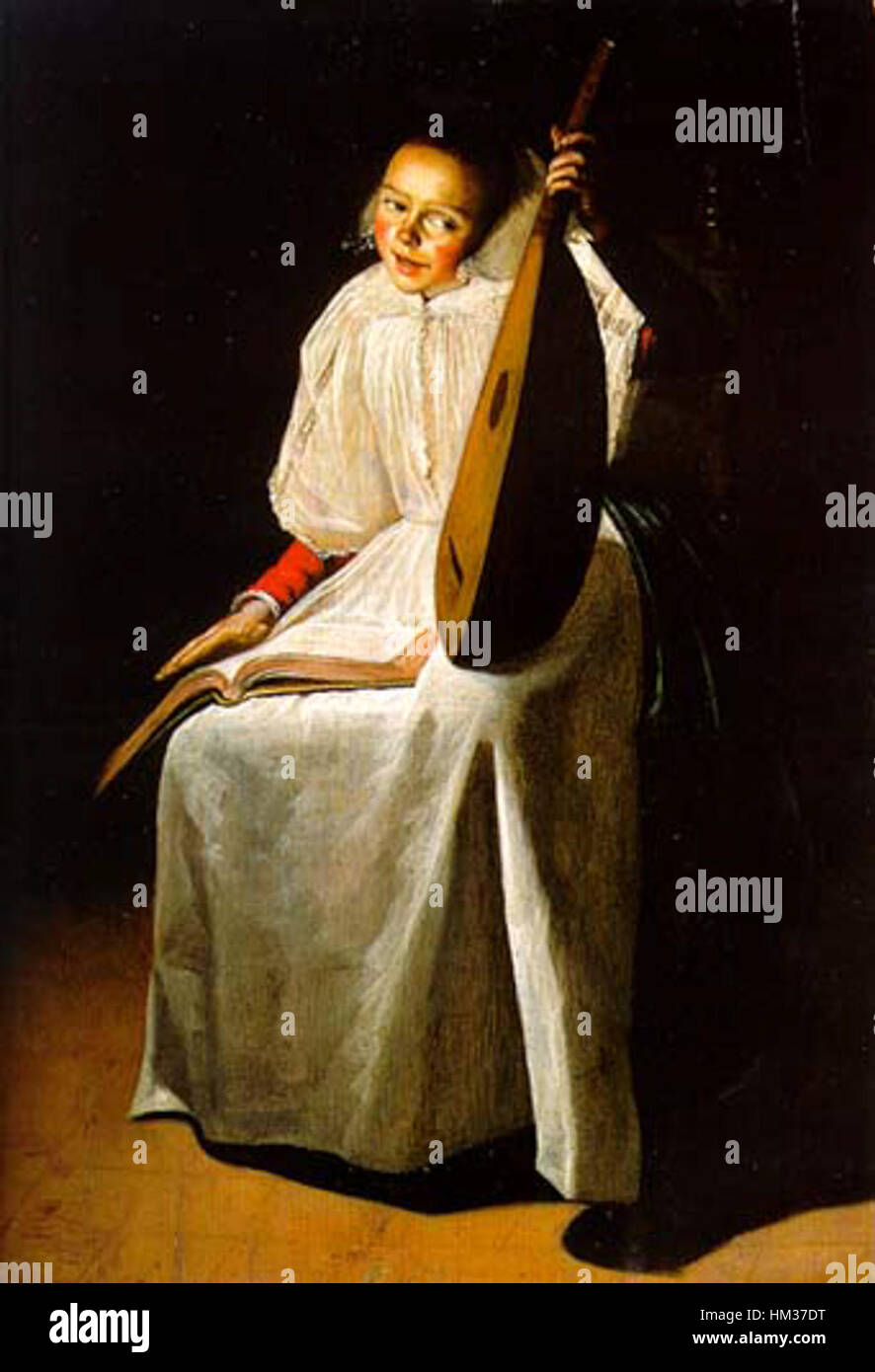 Judith Leyster - A young lady holding a lute with a music score on her lap in a candlelit interior Stock Photo