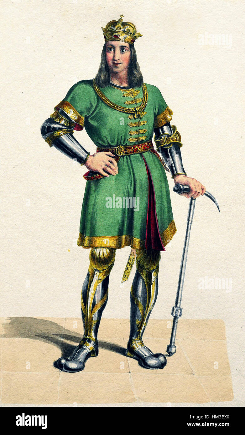 This lithograph of Ladislaus IV, King of Hungary, presents a historical view of the medieval ruler. Known as Ladislaus the Cuman, he reigned from 1272 to 1290 and was notable for his efforts to maintain order and deal with external threats to the kingdom. Stock Photo