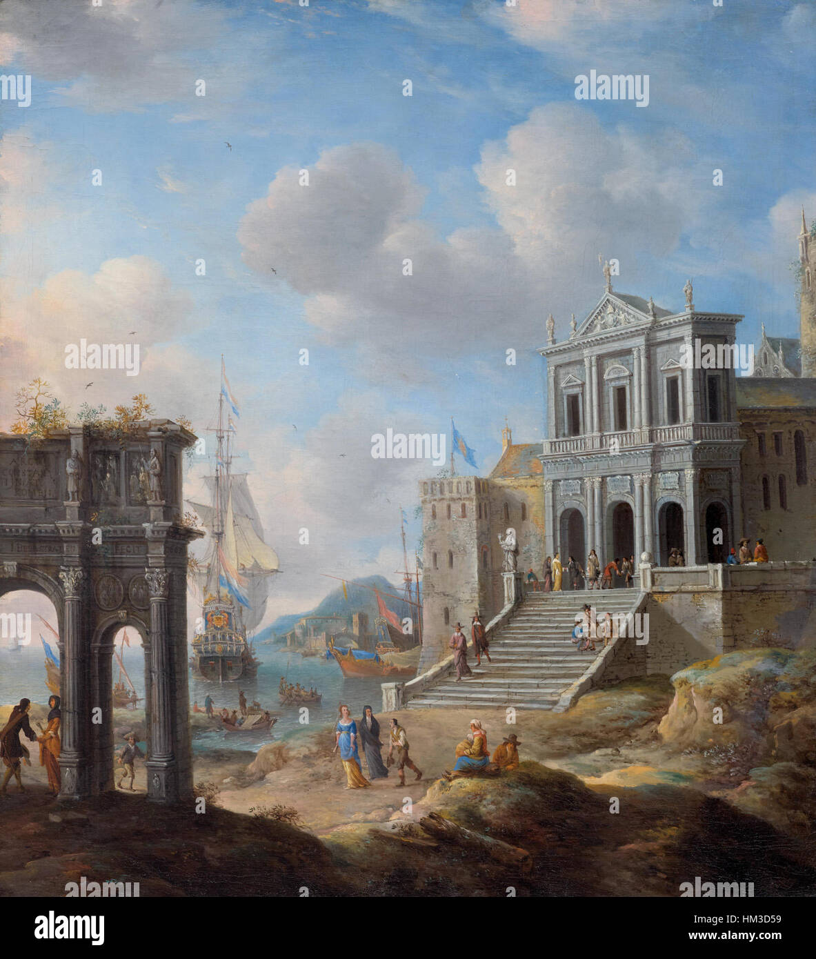 Jan Abrahamsz Beerstraten Capriccio mit Konstantinsbogen und San Gregorio Magno al Celi neben einem Hafen 1663 Stock Photo