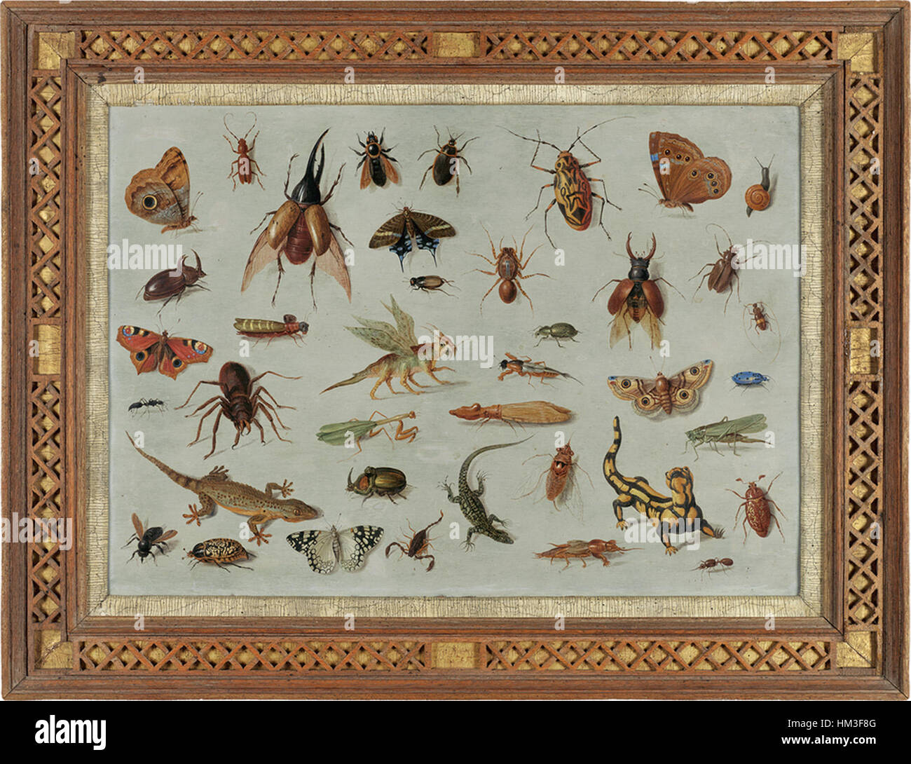 Jan van Kessel (I) created this intricate painting showcasing various species of insects and reptiles, emphasizing the artist’s detailed observation and naturalistic style. Stock Photo