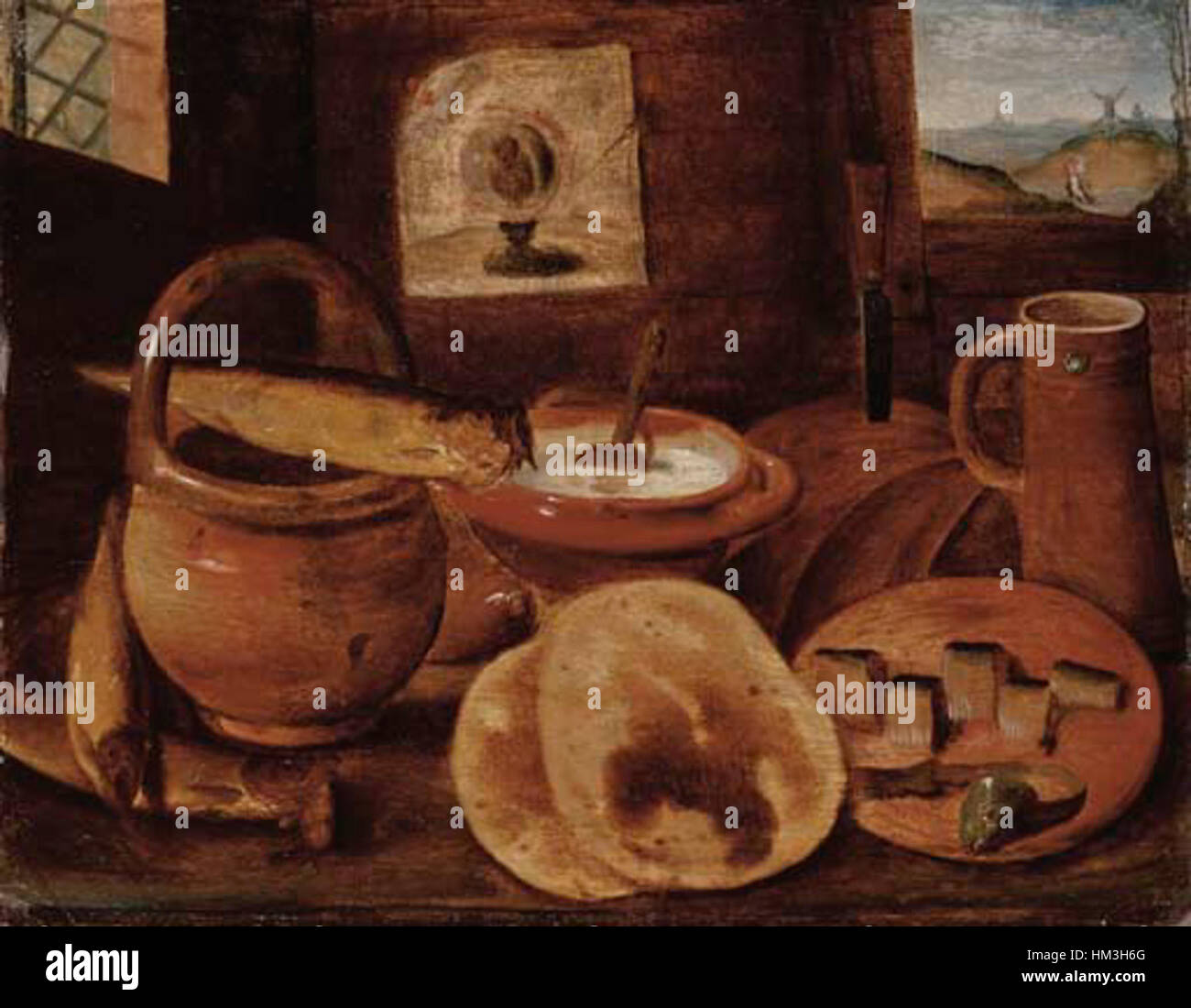 Hieronymus Francken (II) - A poor man's meal, a loaf of bread, porridge, buns and a herring on a wooden table Stock Photo