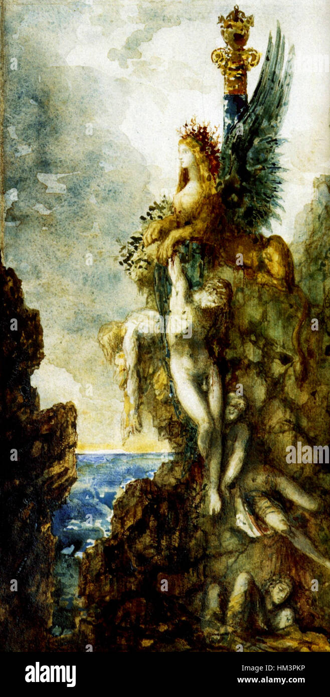 Gustave Moreau's 'The Victorious Sphinx' illustrates a powerful mythological figure, the Sphinx, triumphing over her enemies. The painting combines Moreau's fascination with the mythical and the exotic, as well as his detailed, symbolic style. The Sphinx is depicted in a dynamic and victorious pose, surrounded by rich colors and intricate patterns that enhance the painting's mythical and symbolic significance. Stock Photo