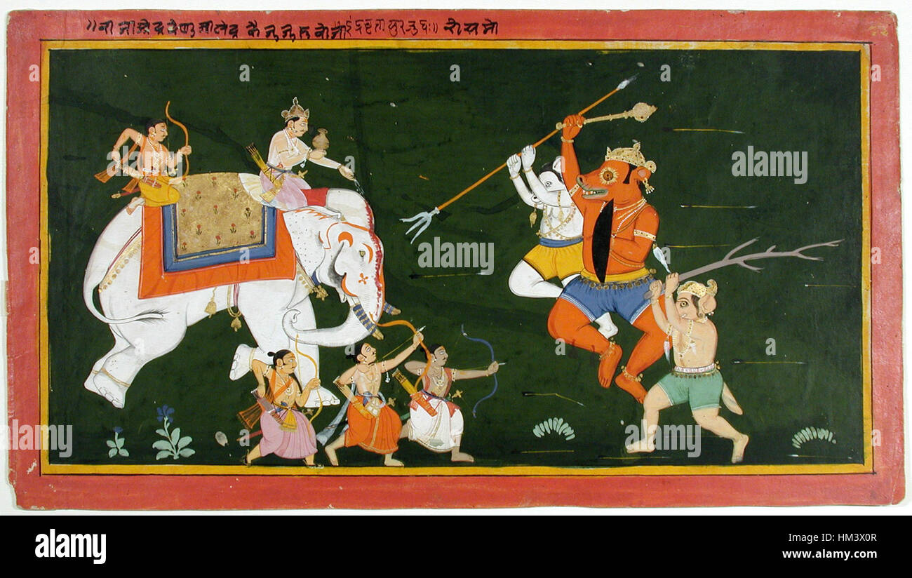 Image of the Hindu god Indra, depicted on his elephant, battling demons ...
