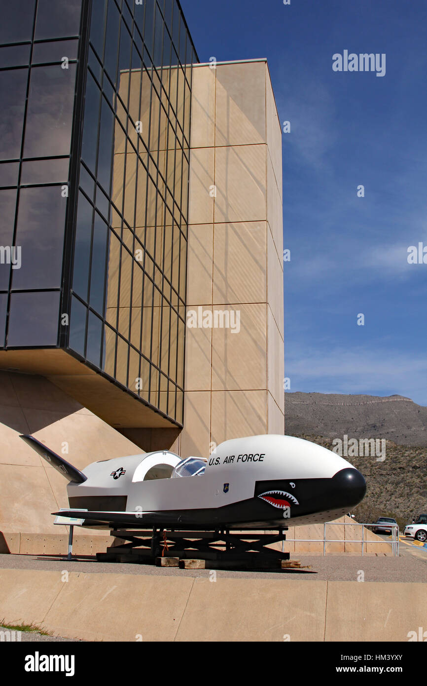 Outside of the New Mexico Museum of Space History in Alamogordo, New Mexico with specialized Air Force plane in front. Stock Photo