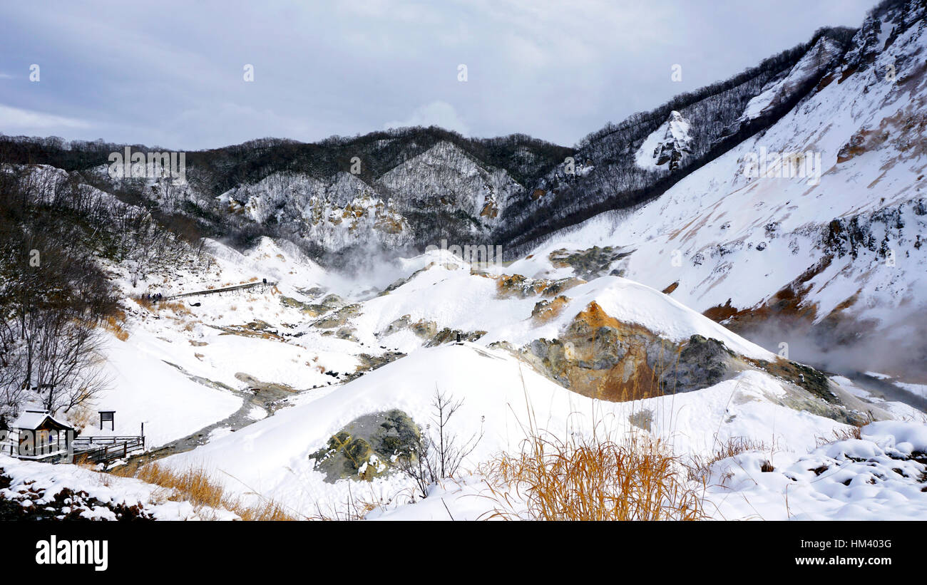 Noboribetsu onsen hell valley snow winter landscape national park in Jigokudani, Hokkaido, Japan Stock Photo