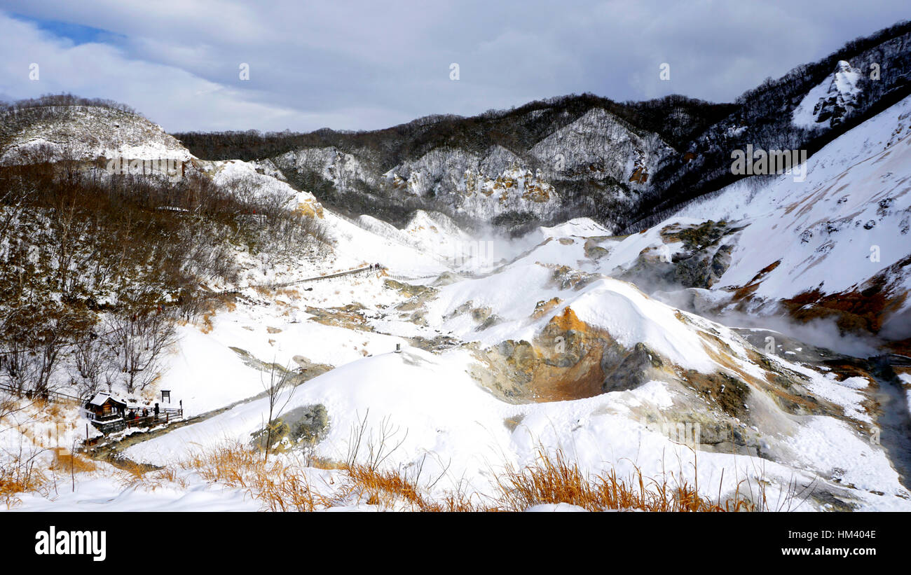 Noboribetsu onsen snow winter landscape national park in Jigokudani, Hokkaido, Japan Stock Photo