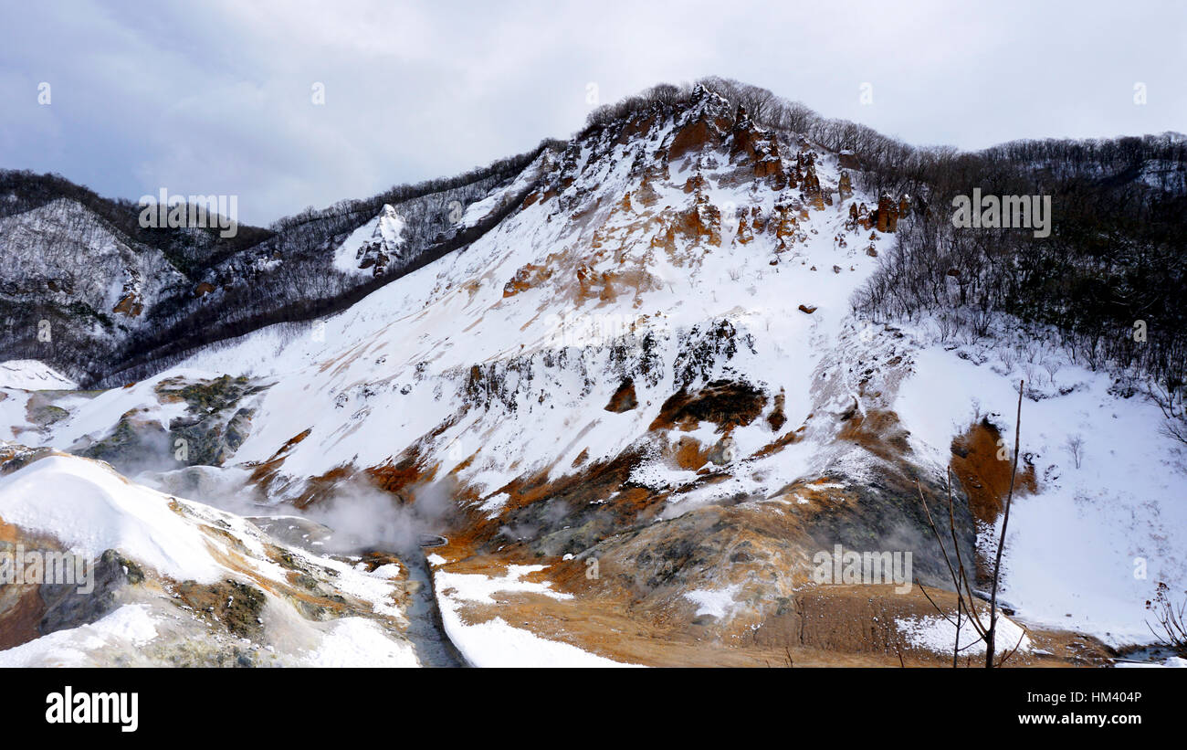 Noboribetsu onsen snow winter landscape hell valley national park in Jigokudani, Hokkaido, Japan Stock Photo