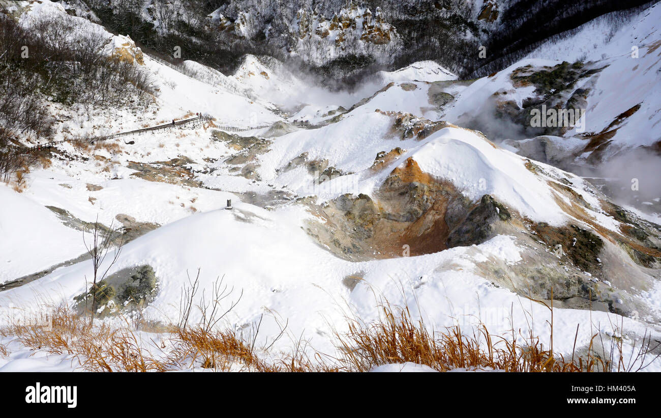 Noboribetsu onsen snow winter landscape hell valley closeup national park in Jigokudani, Hokkaido, Japan Stock Photo