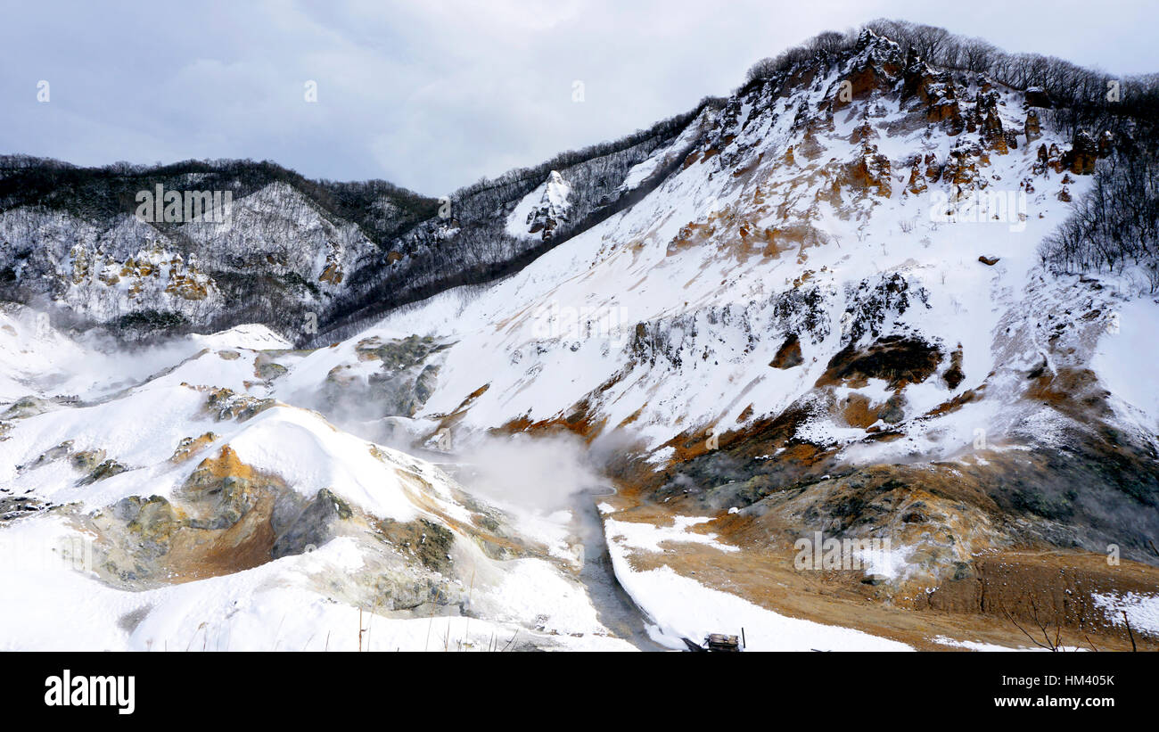 Noboribetsu onsen snow winter national park in Jigokudani, Hokkaido, Japan Stock Photo