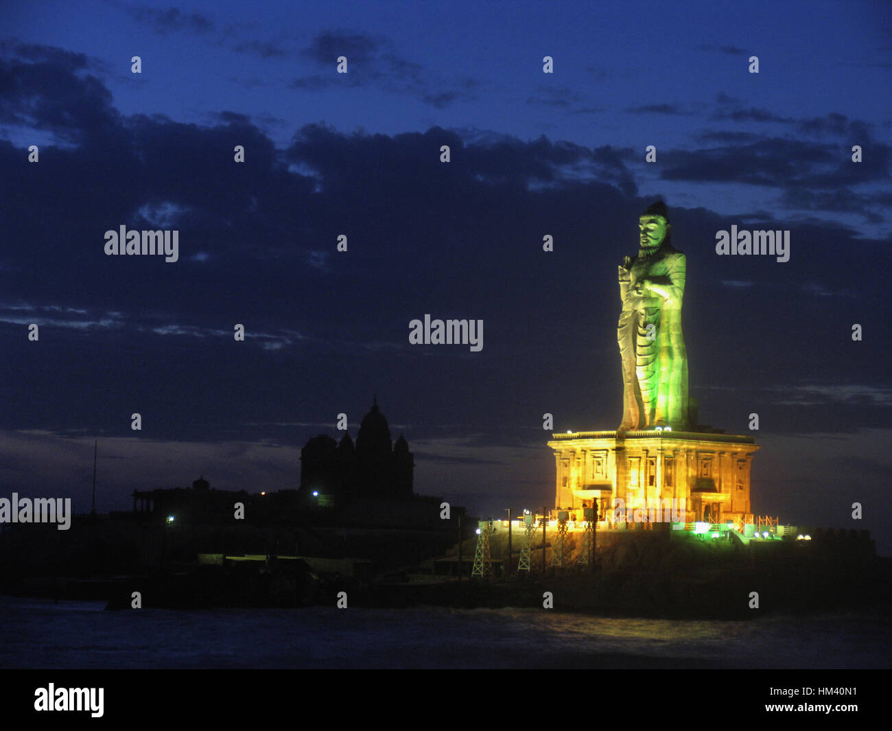 Thiruvalluvar statue in the night. Kanyakumari, Tamil Nadu, India is a