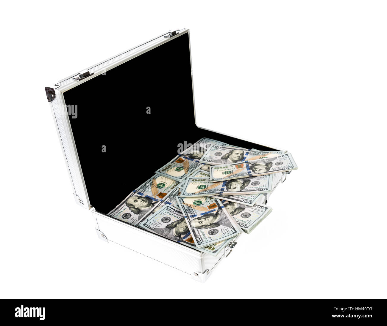 Suitcase of money with hundred dollar on white background Stock Photo