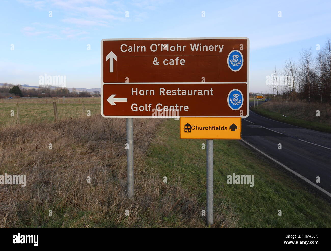 Tourism sign for Cairn o'Mohr winery and Horn Restaurant near Errol Scotland January 2017 Stock Photo