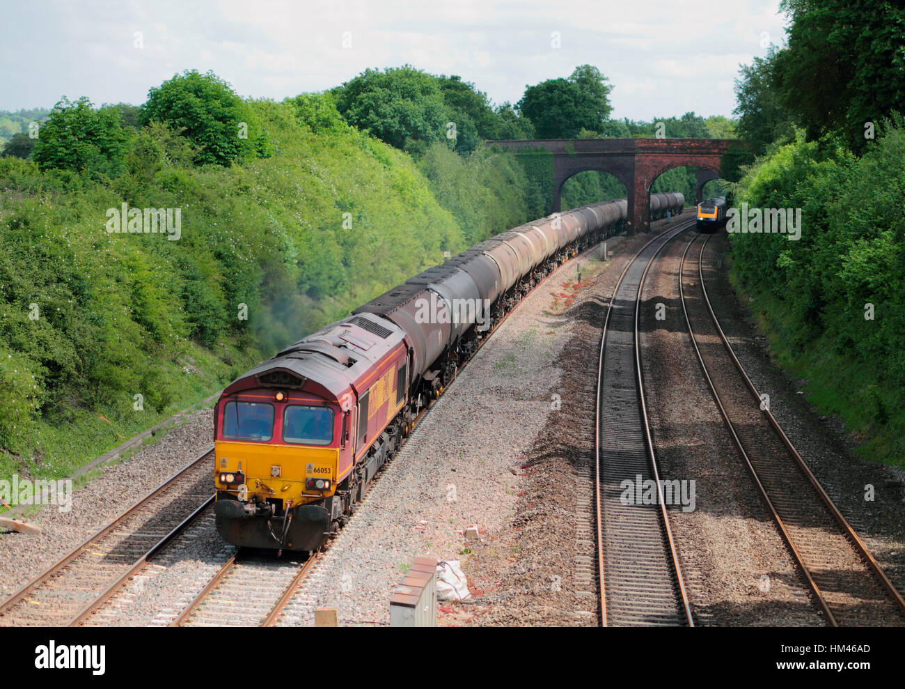66053 working a train of oil tanks at Purley on Thames. 9th May 2011. Stock Photo