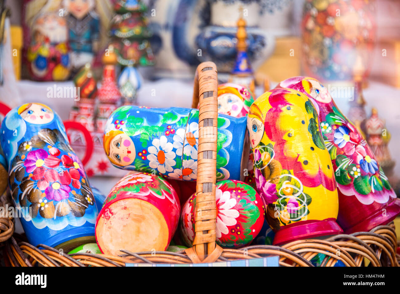Display of colorful matryoshkas (russian dolls) in Moscow, Russia Stock Photo