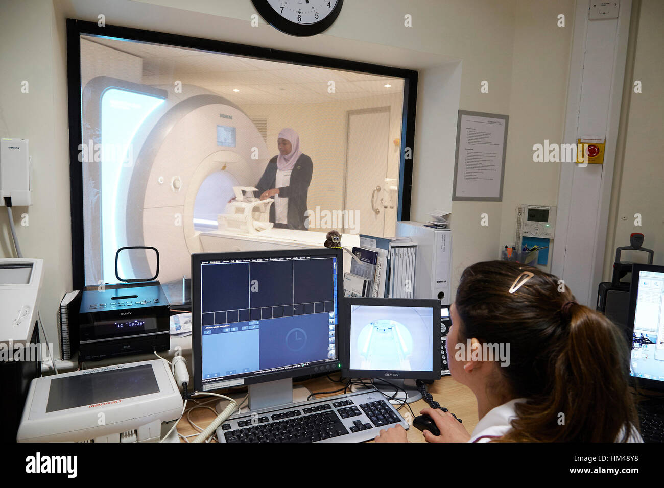 Nurse preparing for an MRI scan in a hospital in London, UK. Stock Photo