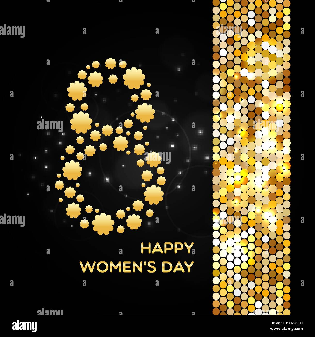 March 8. Happy Women's Day golden shimmer background made of abstract spangles for your greeting card design Stock Vector