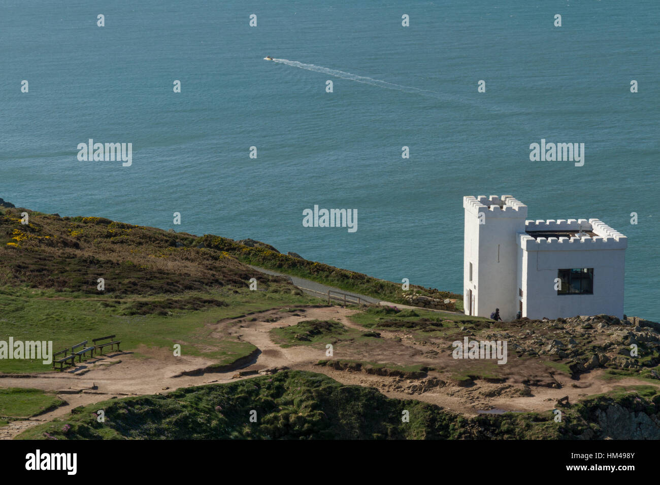 Elin's tower is a short castellated tower located near Holyhead, Wales. Stock Photo