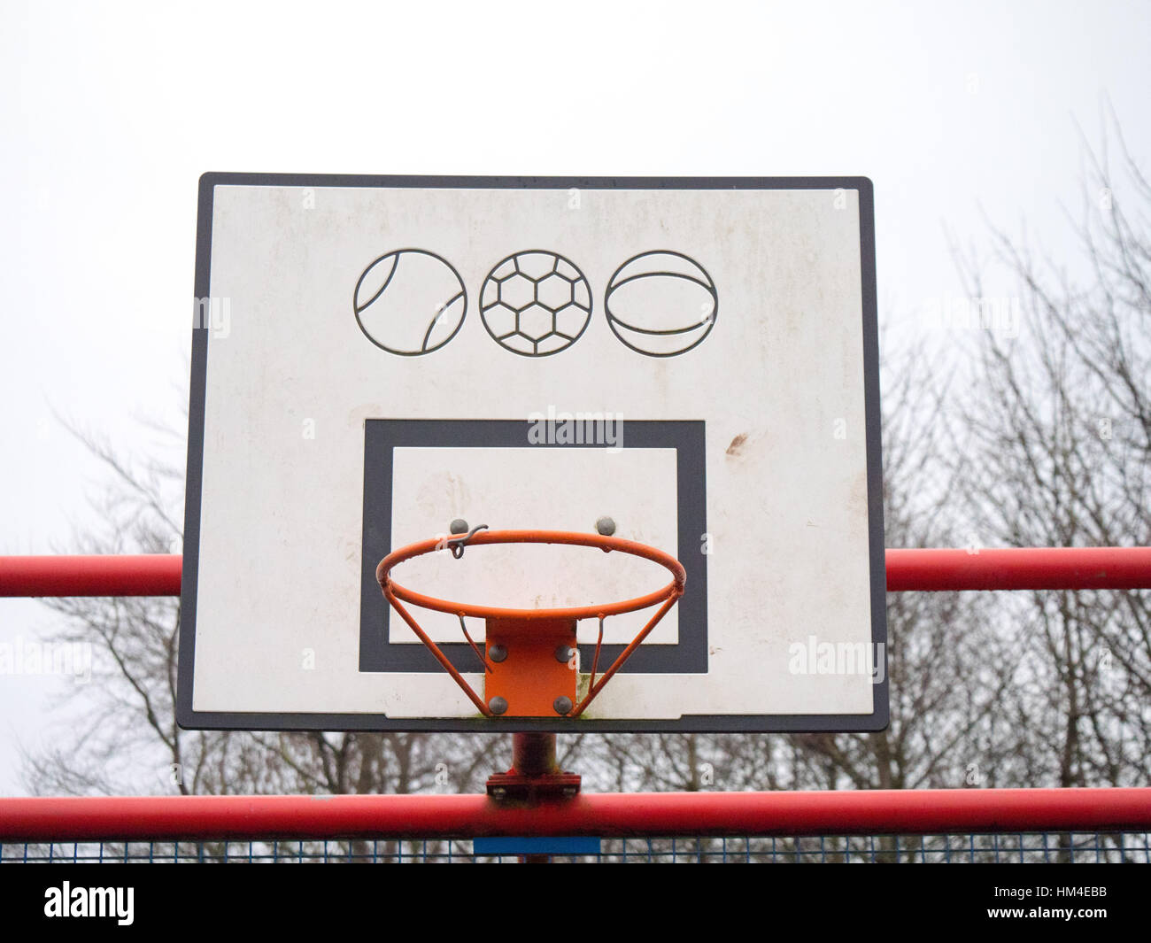 Basketball hoop in a public multi sports court in a park in Manchester