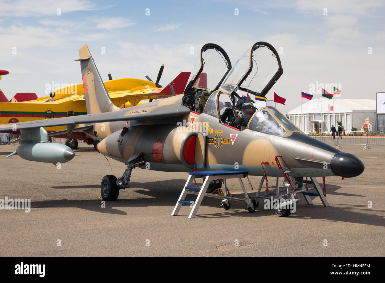 MARRAKECH, MOROCCO - APR 28, 2016: Moroccan Air Force Dassault Alpha Jet fighter jet on display at the Marrakech Air Show Stock Photo