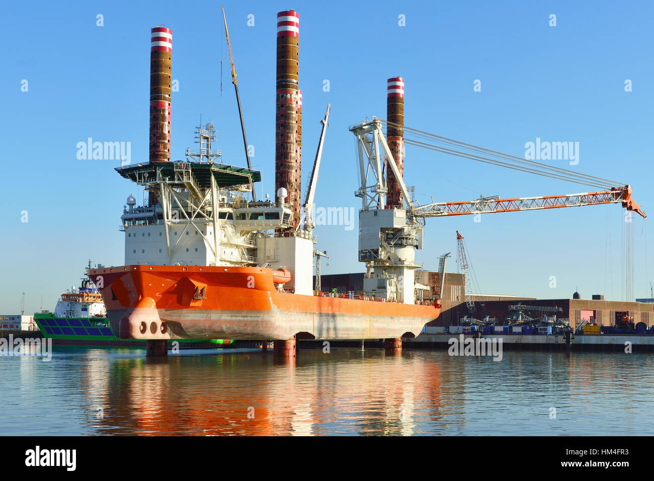 offshore vessel used for placing wind turbines. Stock Photo