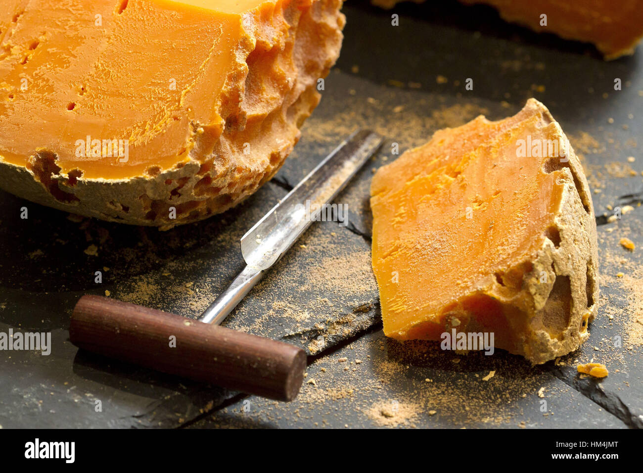 Piece of de mimolette cheese and cheese borer. Stock Photo