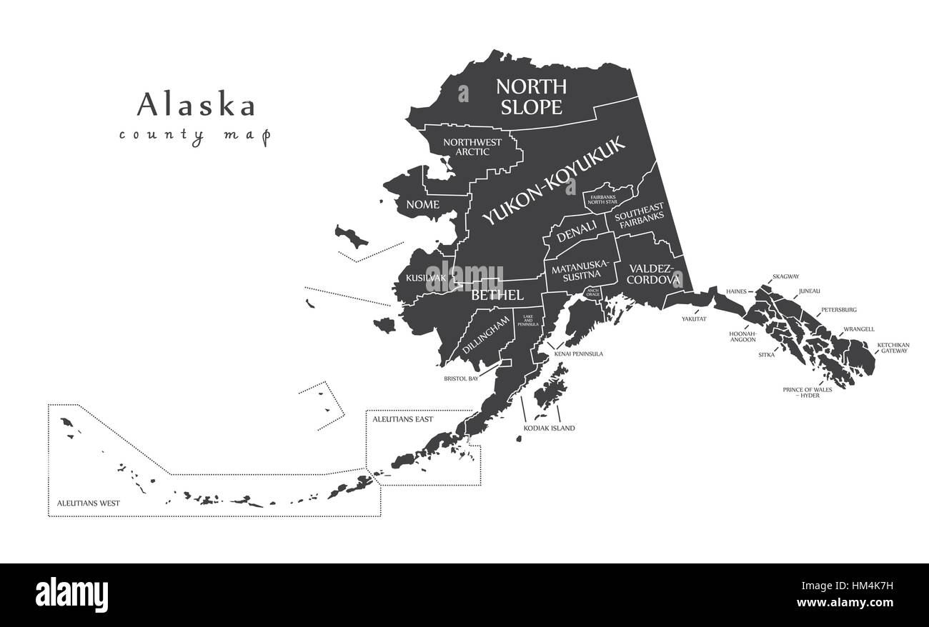 Modern Map - Alaska county map with labels USA silhouette illustration Stock Vector