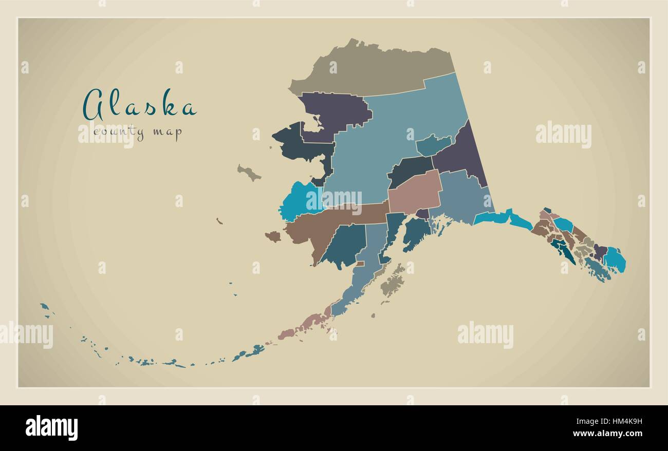 Modern Map - Alaska county map coloured states USA silhouette illustration Stock Vector