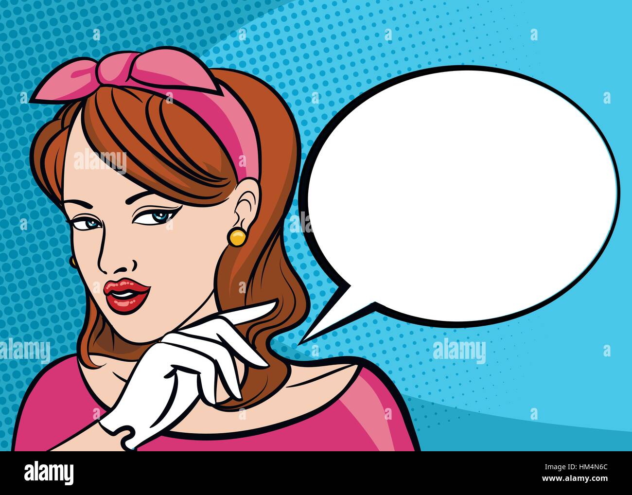 Pop art beauty woman thinking and pointing finger on speech bubble. Retro vector illustration in comic style. Stock Vector