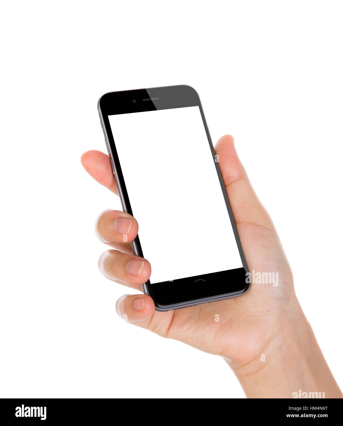 Hand holding mobile smart phone with blank screen Isolated on white ...
