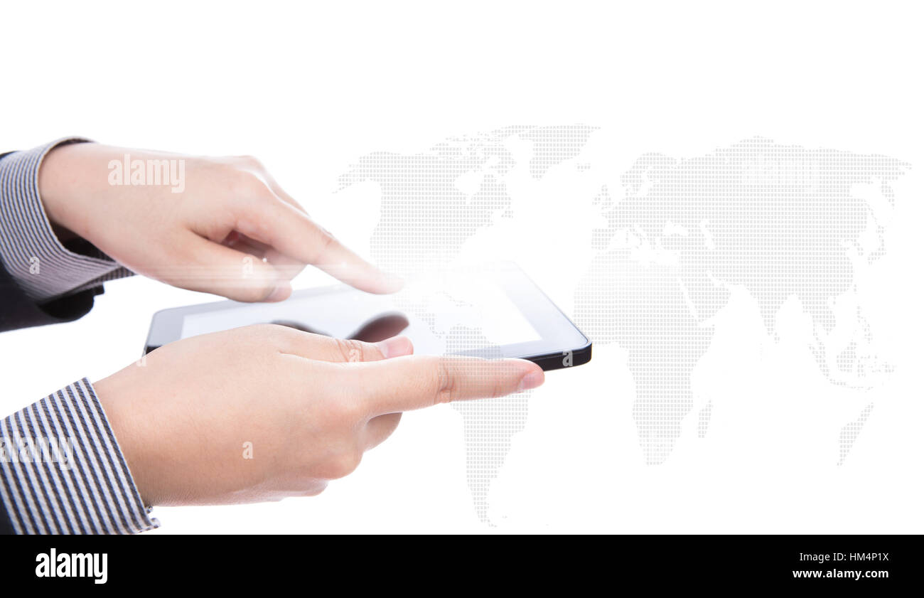 Business man using a touch screen device against white background Stock ...