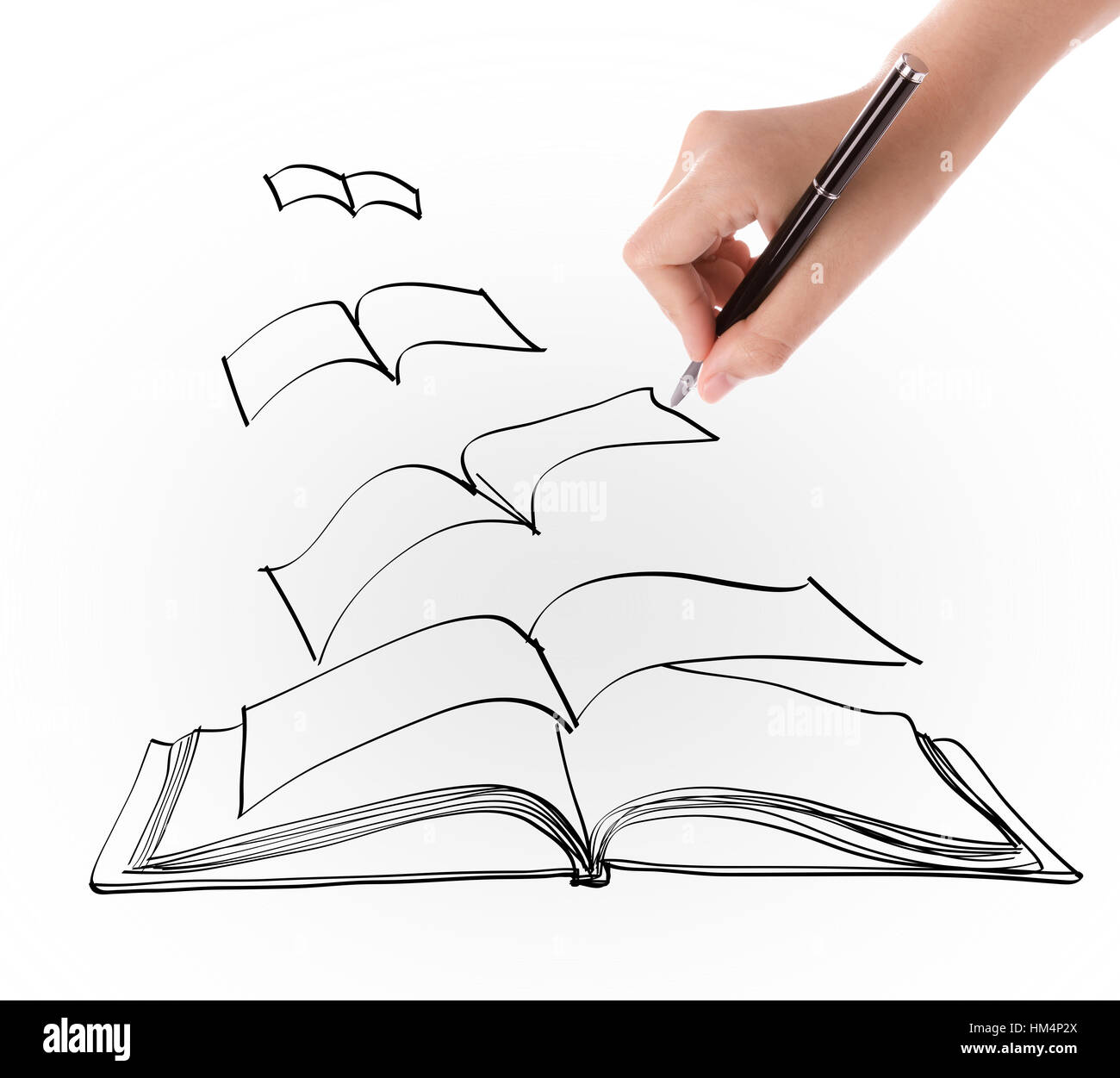 Hand drawing open flying book Stock Photo - Alamy
